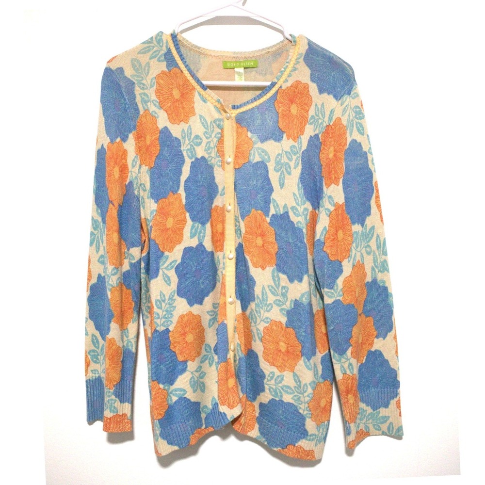 Sigrid Olsen Silk Blend Floral Cardigan Sweater Blue Orange Cream Large